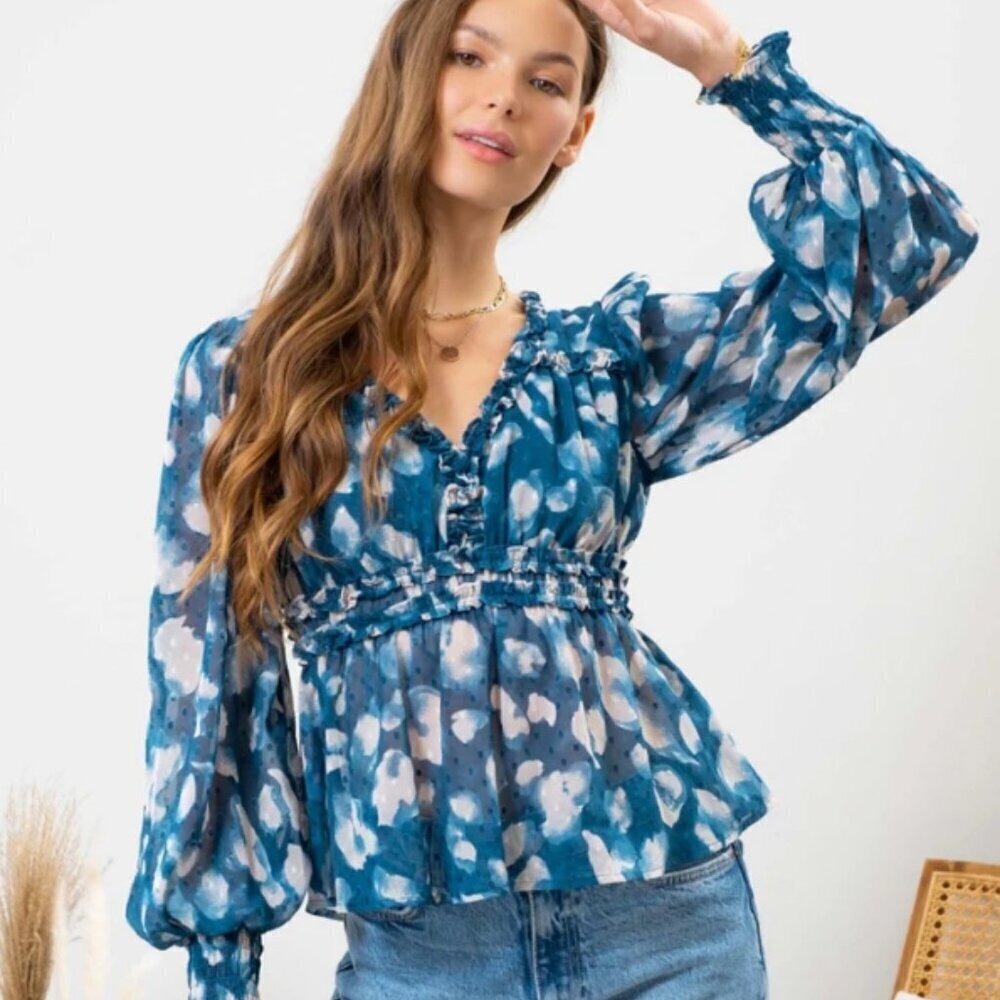 Teal & white abstract pattern Smocked Waist Ruffle Long Sleeve v neck 2x #1791